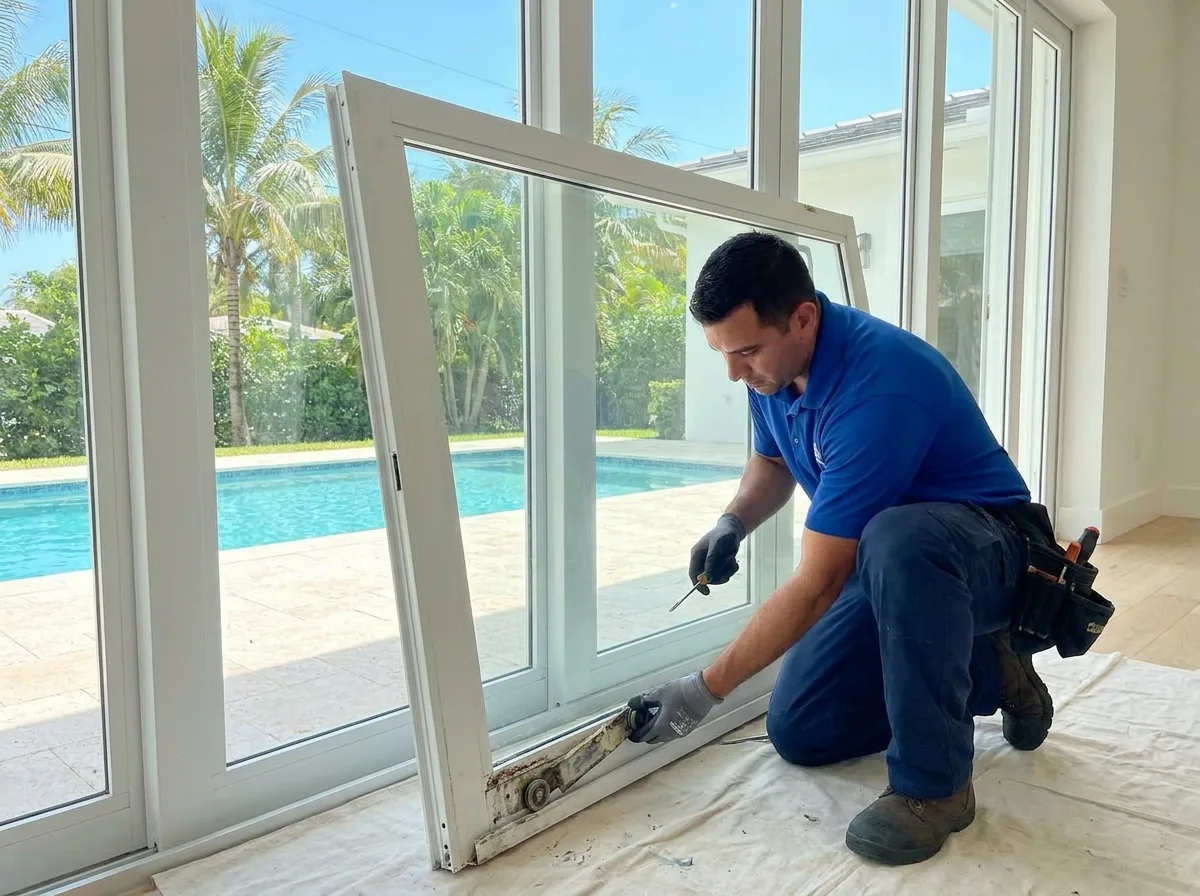 Door Doctor technician lifting a sliding glass door panel out of the track to inspect the bottom rollers